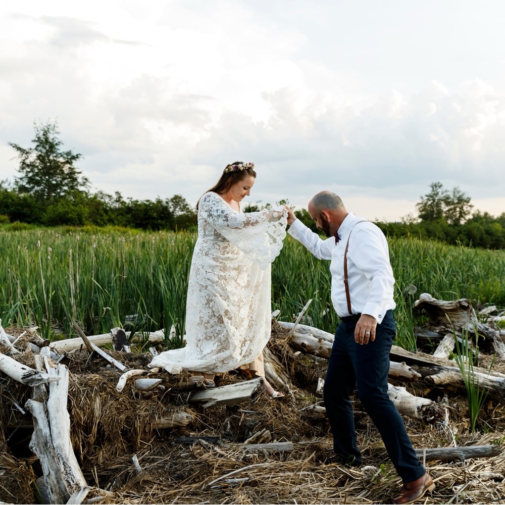 Wedding dress with slip and lace overlay